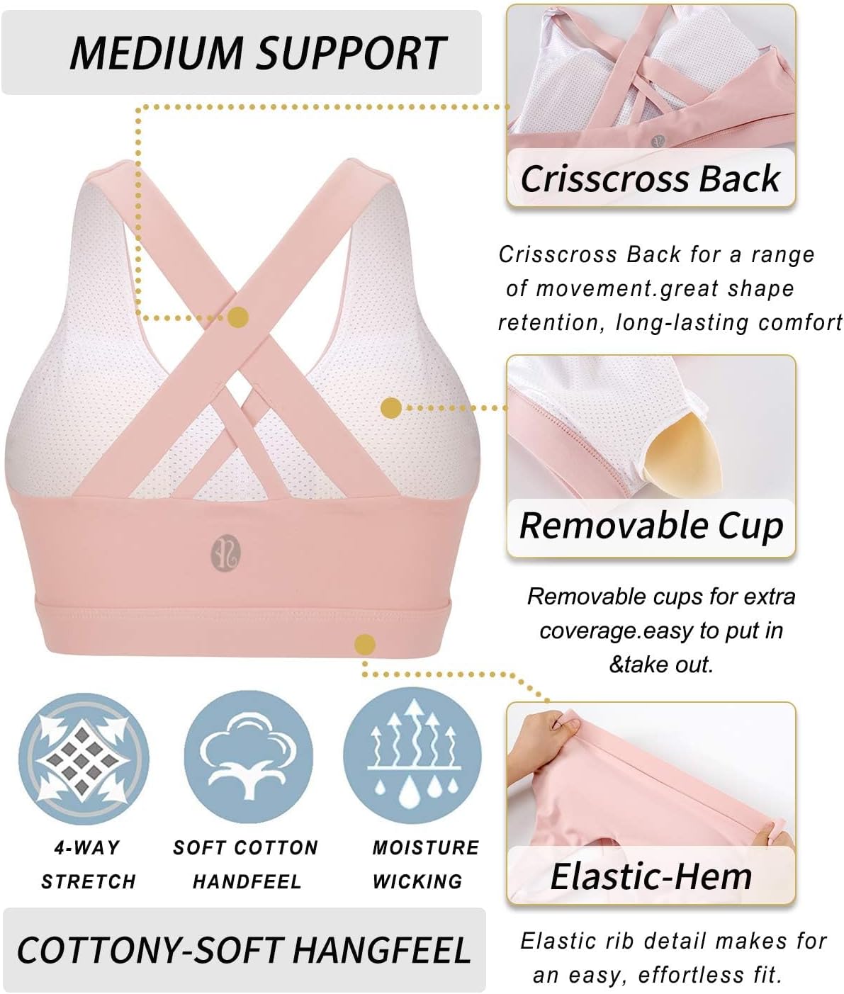 RUNNING GIRL® Medium-Support Strappy Criss-Cross Bra | Removable Cups & Buttery-Soft Sculpting Bra