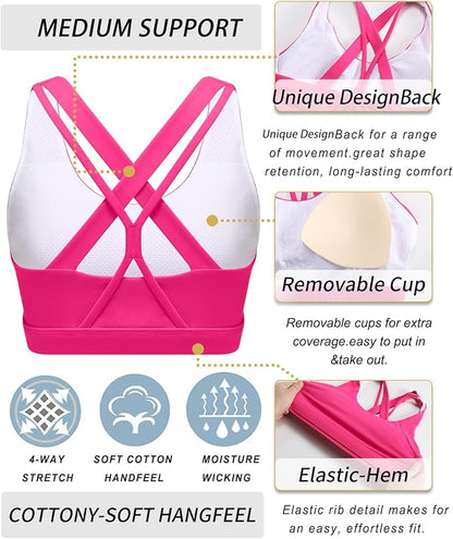 RUNNING GIRL® Medium-High Support Crisscross Back Sports Bra with Removable Pads