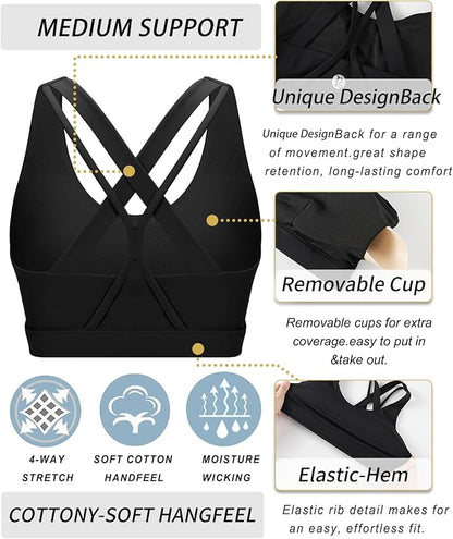 RUNNING GIRL® Medium-High Support Crisscross Back Sports Bra with Removable Pads
