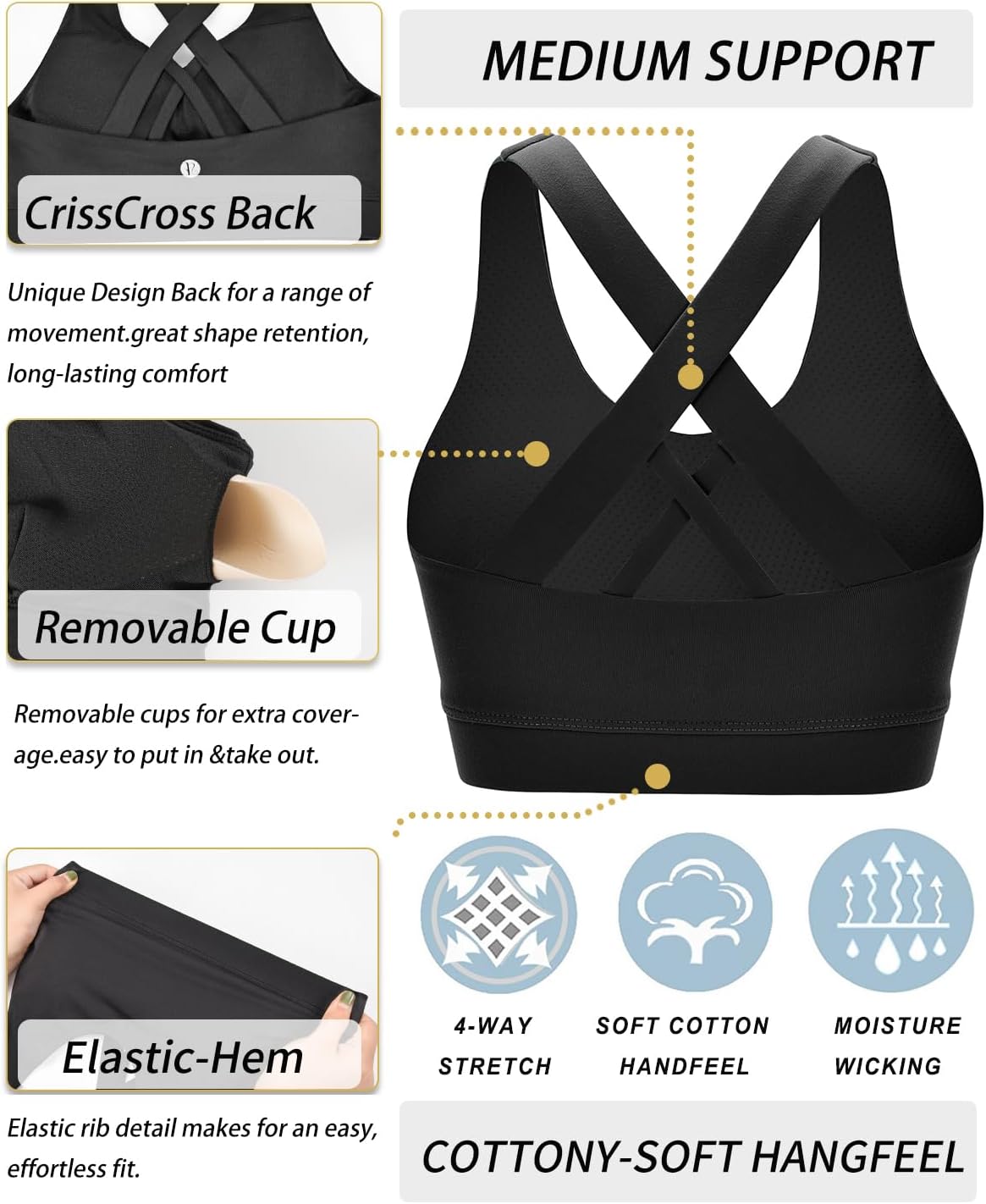 RUNNING GIRL® Medium-Support Strappy Criss-Cross Bra | Removable Cups & Buttery-Soft Sculpting Bra