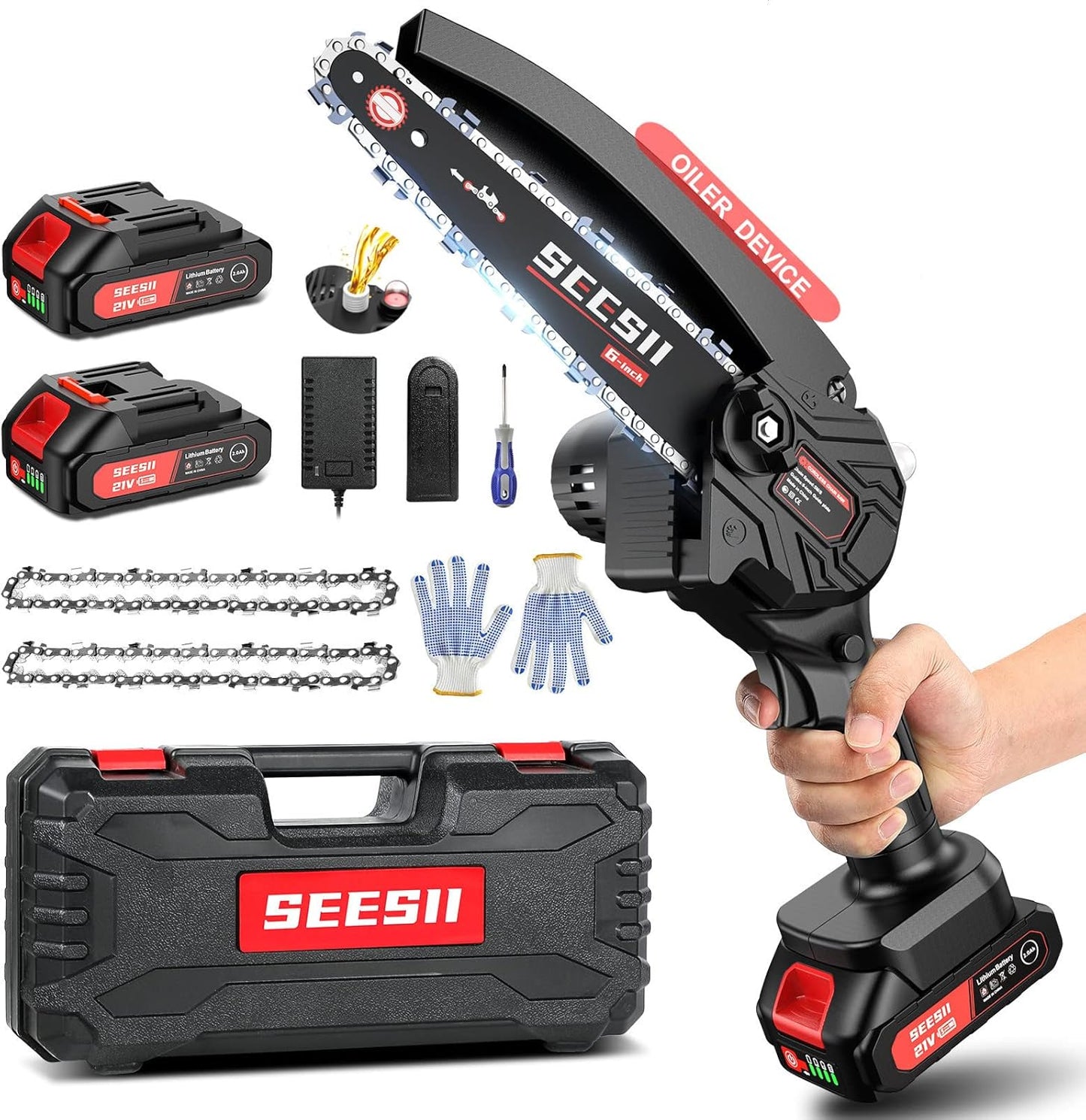 Mini Chainsaw Cordless, 8 Inch & 6 Inch Electric Chainsaw with 2 Batteries & Auto Oiler, 1000W Brushless Handheld Chain Saw for Tree Branch Wood Cutting, Garden Tools Gift for Men Dad Husband