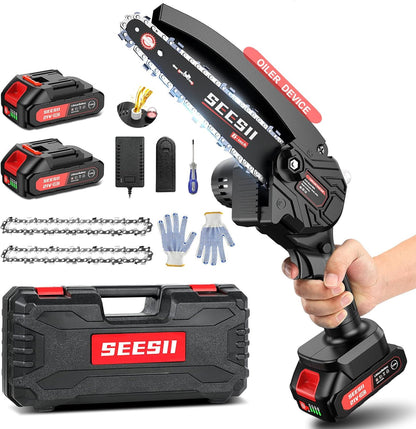 Mini Chainsaw Cordless, 8 Inch & 6 Inch Electric Chainsaw with 2 Batteries & Auto Oiler, 1000W Brushless Handheld Chain Saw for Tree Branch Wood Cutting, Garden Tools Gift for Men Dad Husband