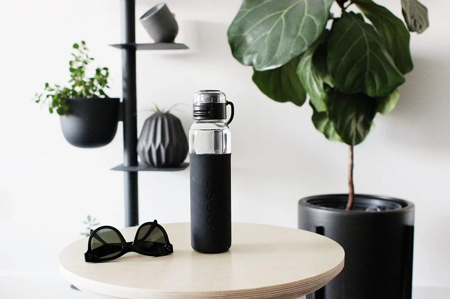 17oz Glass Water Bottle With Silicone Sleeve, Sport Cap - Black
