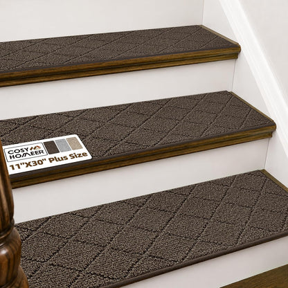 COSY HOMEER Edging Stair Treads Non-Slip Carpet Mat 28inX9in Indoor Stair Runners for Wooden Steps, Edging Stair Rugs for Kids and Dogs, 100% Polyester TPE Backing (15pc, Brown)