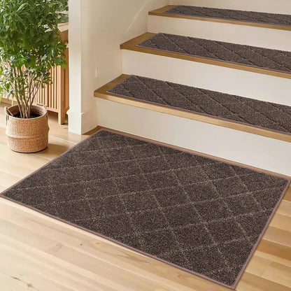 COSY HOMEER Edging Stair Treads Non-Slip Carpet Mat 28inX9in Indoor Stair Runners for Wooden Steps, Edging Stair Rugs for Kids and Dogs, 100% Polyester TPE Backing (15pc, Brown)