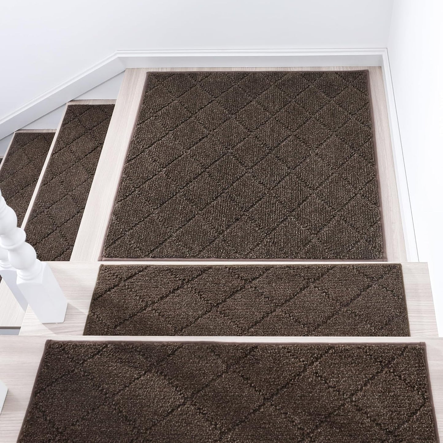 COSY HOMEER Edging Stair Treads Non-Slip Carpet Mat 28inX9in Indoor Stair Runners for Wooden Steps, Edging Stair Rugs for Kids and Dogs, 100% Polyester TPE Backing (15pc, Brown)