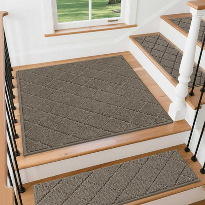COSY HOMEER Edging Stair Treads Non-Slip Carpet Mat 28inX9in Indoor Stair Runners for Wooden Steps, Edging Stair Rugs for Kids and Dogs, 100% Polyester TPE Backing (15pc, Brown)