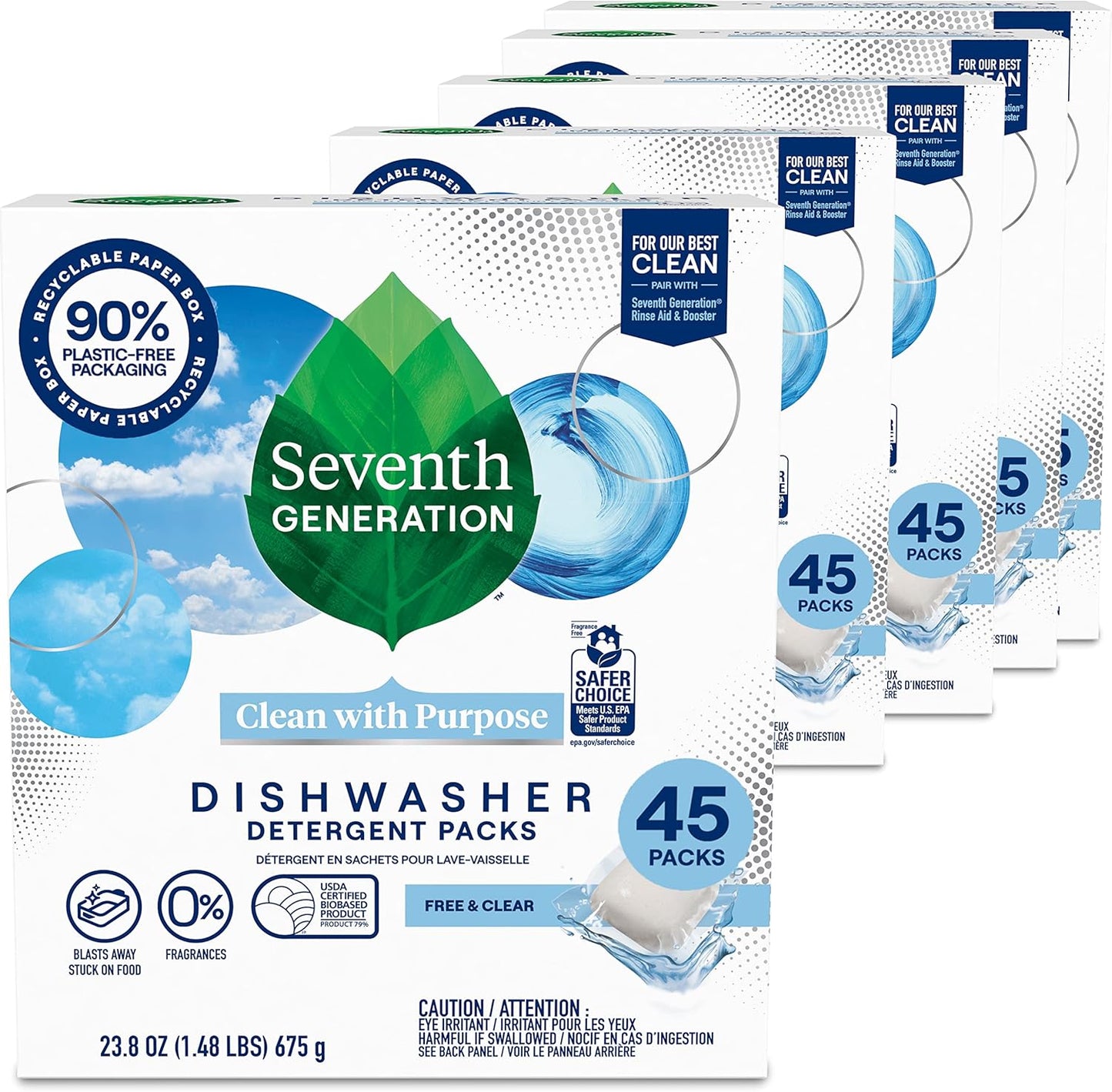 Seventh Generation Dishwasher Detergent Packs, Free & Clear, 45 Count, Pack of 2, Plant Powered Cleaning, Fights Greasy Reside & Stuck-On Food For Sparkling Dishes, Fragrance-Free & Septic Safe