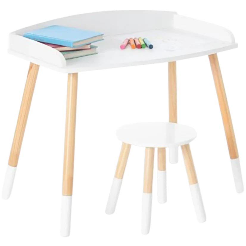 Modern Study Desk And Stool Set - White/Natural
