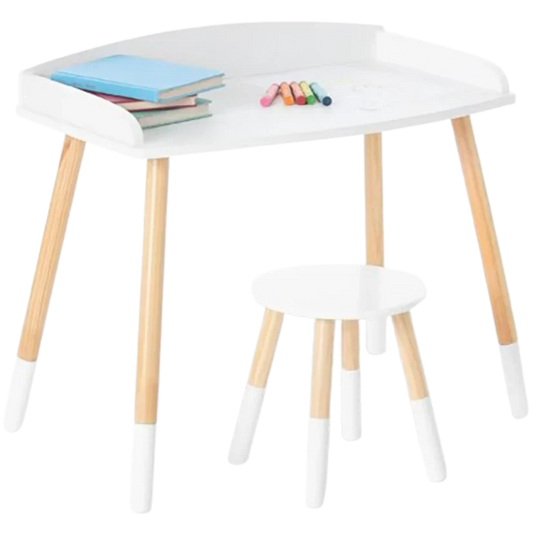 Modern Study Desk And Stool Set - White/Natural