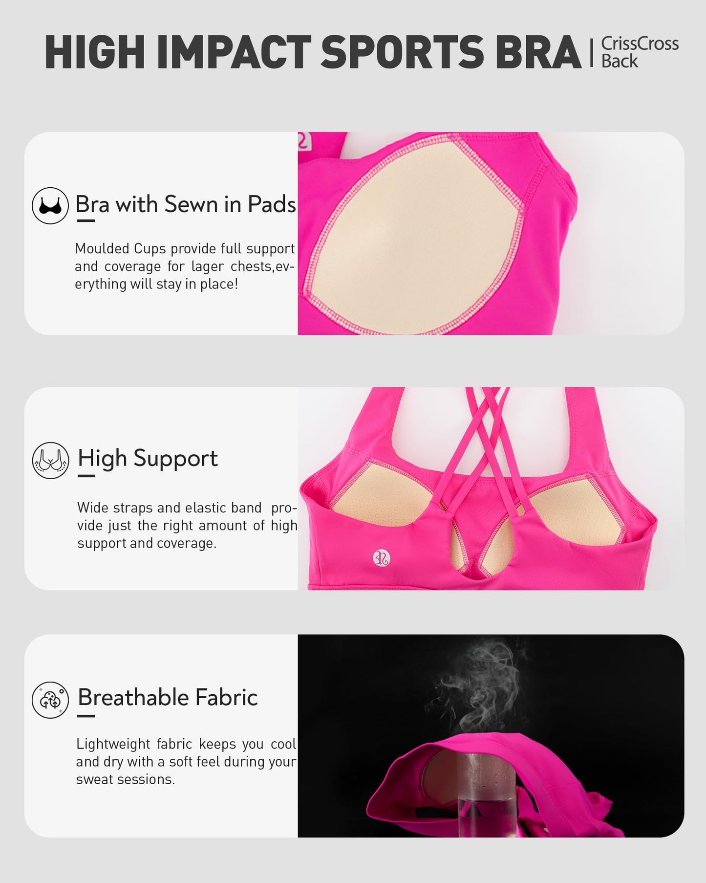 RUNNING GIRL® Medium-High Support Crisscross Back Sports Bra with Sewn-in Molded Cups