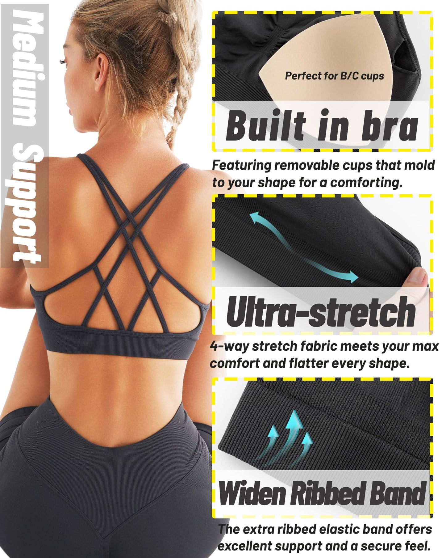 RUNNING GIRL® Strappy Yoga Bra | Built-in Shelf Bra with Push Up Support for B/C Cups