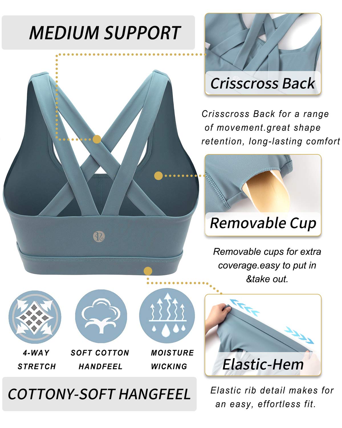 RUNNING GIRL® Medium-Support Strappy Sports Bra | Removable Cups & Wide Straps for Yoga Gym