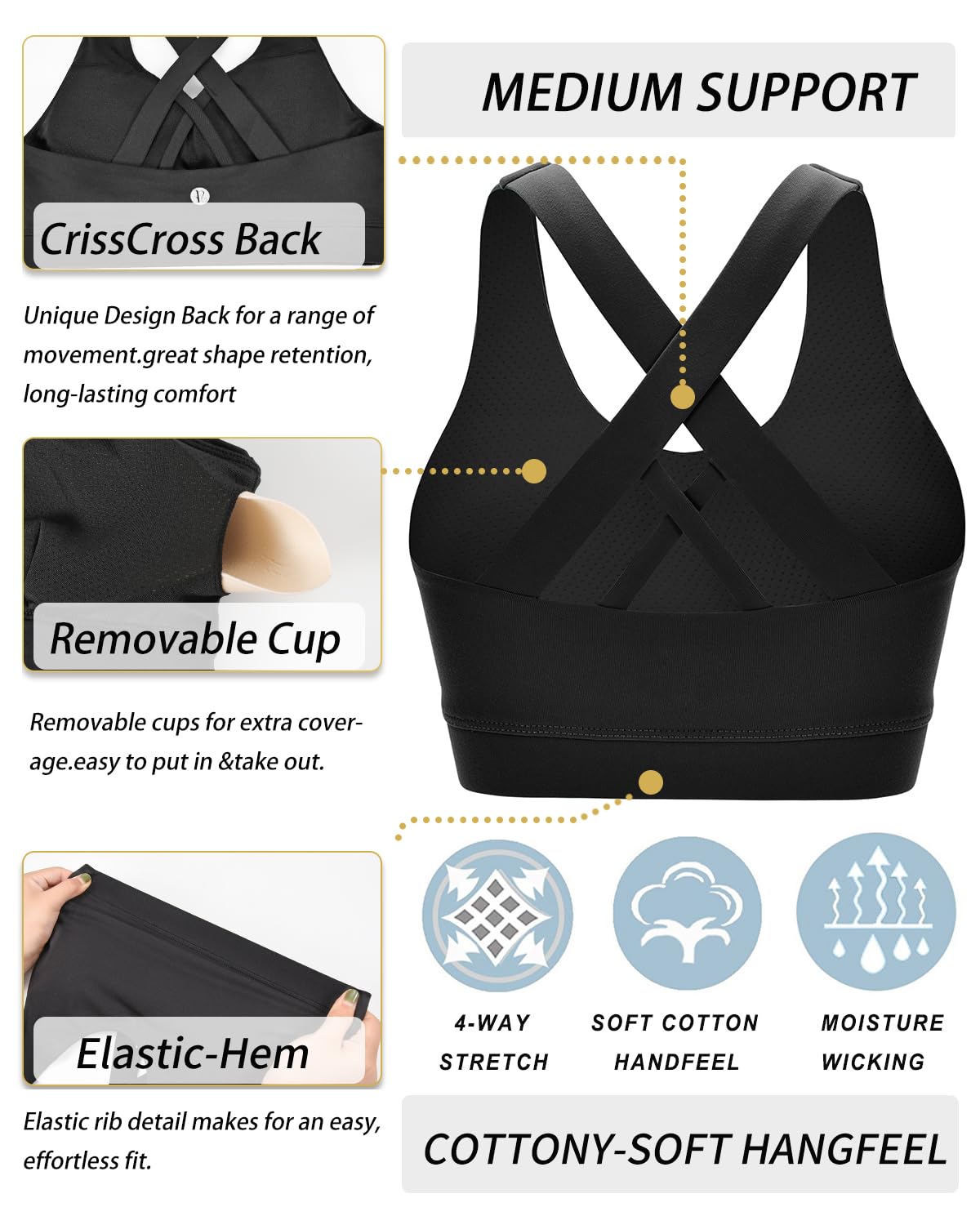 RUNNING GIRL® Medium-Support Criss-Cross Sports Bra | Removable Pads & Strappy Back