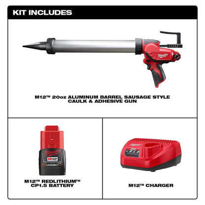 M12 12V Lithium-ion Cordless 20 oz. Aluminum Barrel Adhesive and Caulk Gun Kit with (1) 1.5Ah Battery & Charger