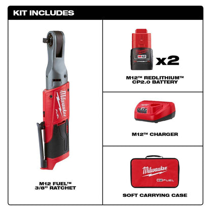 M12 FUEL 12V Lithium-Ion Brushless Cordless 3/8 in. Ratchet Kit with (2) 2.0Ah Batteries, Charger & Tool Bag