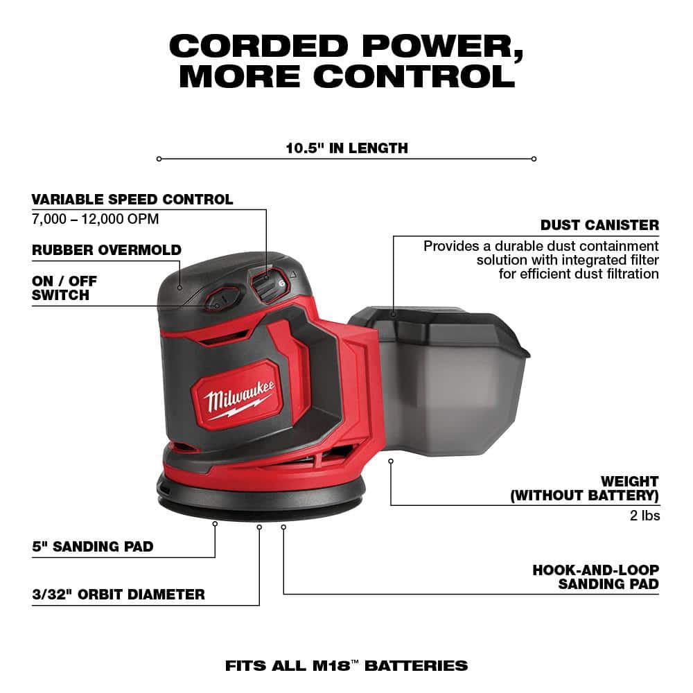 M18 18V Lithium-Ion Cordless 5 in. Random Orbit Sander with (1) 5.0 Ah, (1) 2.0 Ah Battery and Charger