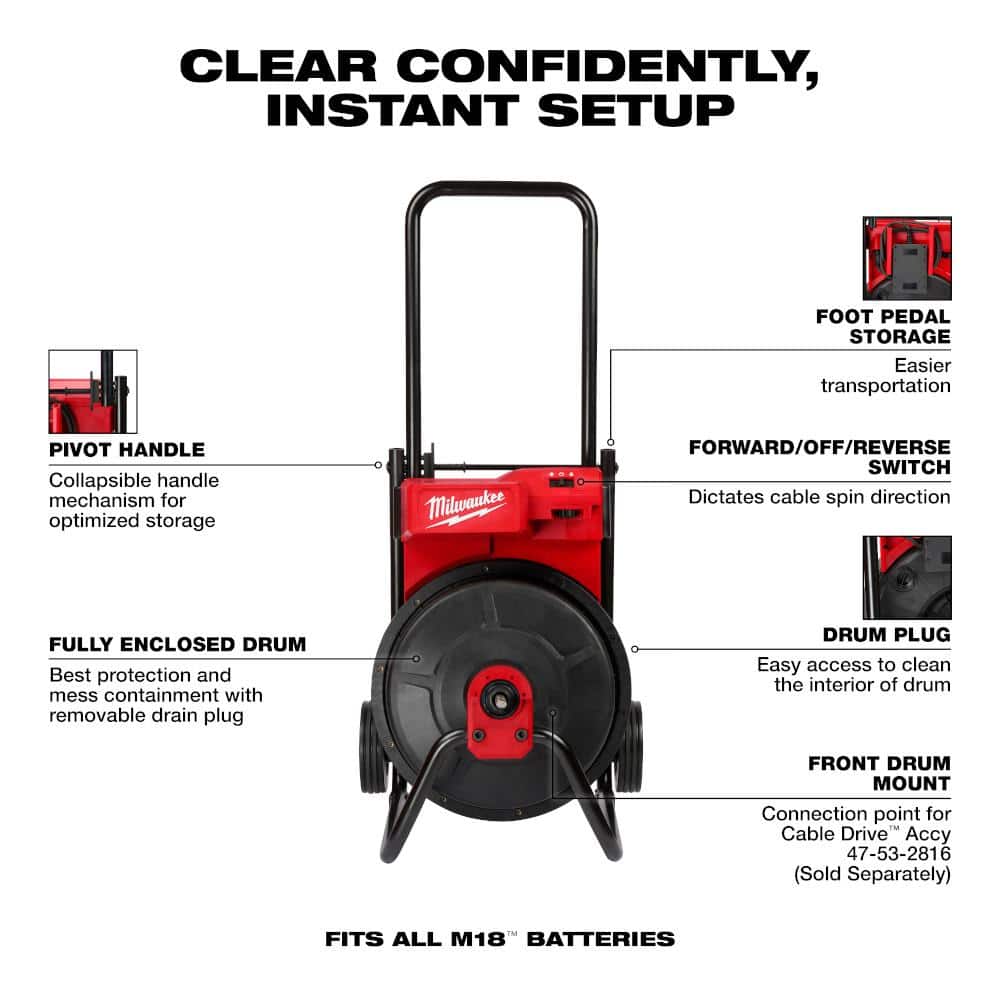 M18 18V Lithium-Ion 3/8 in. x 75 ft. Cable Cordless Drain Cleaning Drum Machine Kit