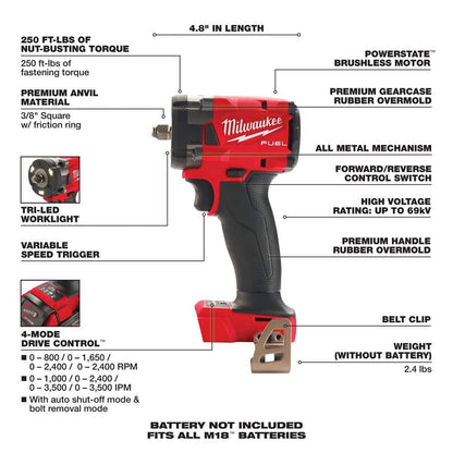 M18 FUEL GEN-3 18V Lithium-Ion Brushless Cordless 3/8 in. Compact Impact Wrench with Friction Ring (Tool-Only)