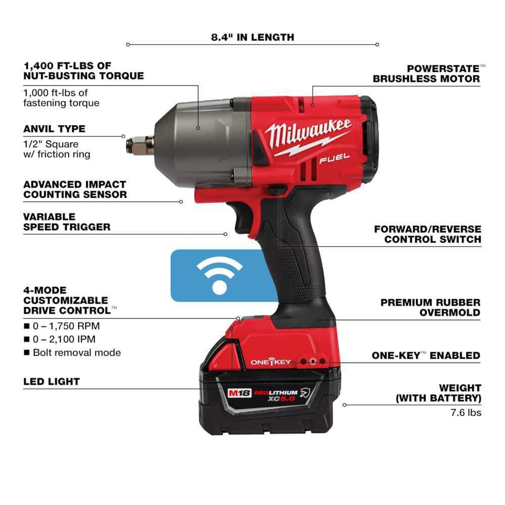M18 FUEL ONE-KEY 18V Li-Ion Brushless Cordless 1/2 in. High-Torque Impact Wrench with Friction Ring, Resistant Batteries