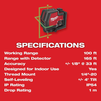 Green 100 ft. Cross Line and Plumb Points Rechargeable Laser Level with REDLITHIUM Lithium-Ion USB Battery and Charger
