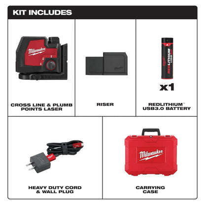 Green 100 ft. Cross Line and Plumb Points Rechargeable Laser Level with REDLITHIUM Lithium-Ion USB Battery and Charger