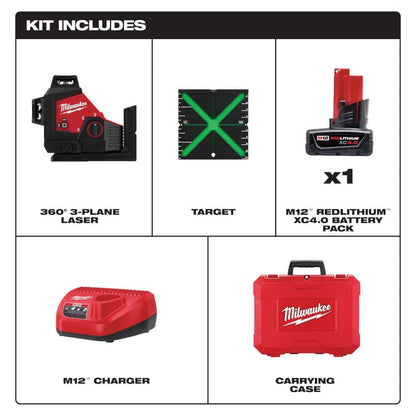 M12 12-Volt Lithium-Ion Cordless 250 ft. Green 3-Plane Laser Level Kit with One 4.0 Ah Battery with M12 XC4.0 Battery