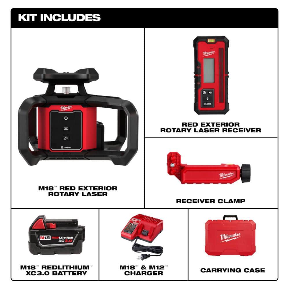 M18 2000 ft. Red Exterior Rotary Laser Level Kit with Receiver and Receiver Clamp