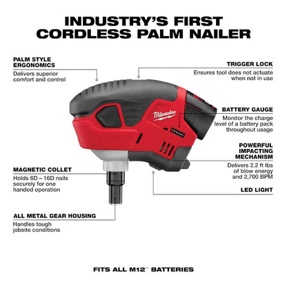 M12 12-Volt Lithium-Ion Cordless Palm Nailer Kit with One 1.5Ah Battery, Charger and Tool Bag