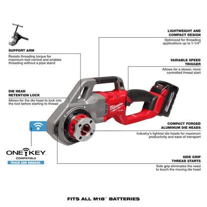 M18 FUEL One-Key Cordless Brushless Compact Pipe Threader Kit W/(2) 8.0Ah Batteries, 1/2 in. - 1-1/4 in. Aluminum Dies