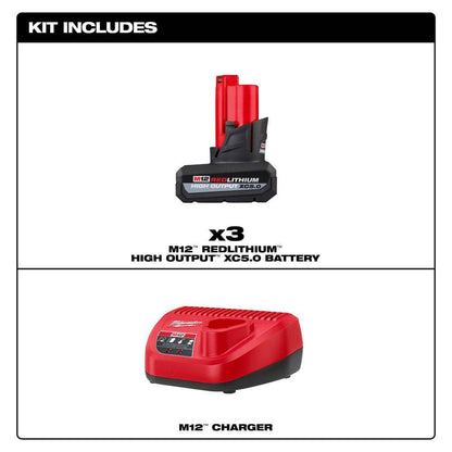 M12 12V Lithium-Ion XC High Output 5.0 Ah Battery Pack (3-Pack) with Charger