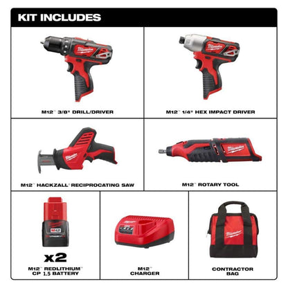 M12 12V Lithium-Ion Cordless 4-Tool Combo Kit with (2) Compact 1.5Ah Batteries and Charger