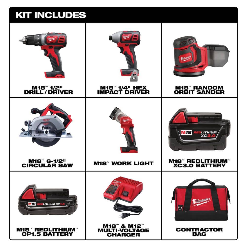 M18 18V Lithium-Ion Cordless Combo Kit (5-Tool) with 2-Batteries, Charger and Tool Bag