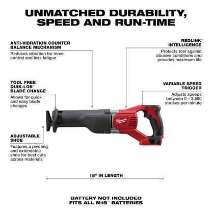 M18 18V Lithium-Ion Cordless SAWZALL Reciprocating Saw (Tool-Only)