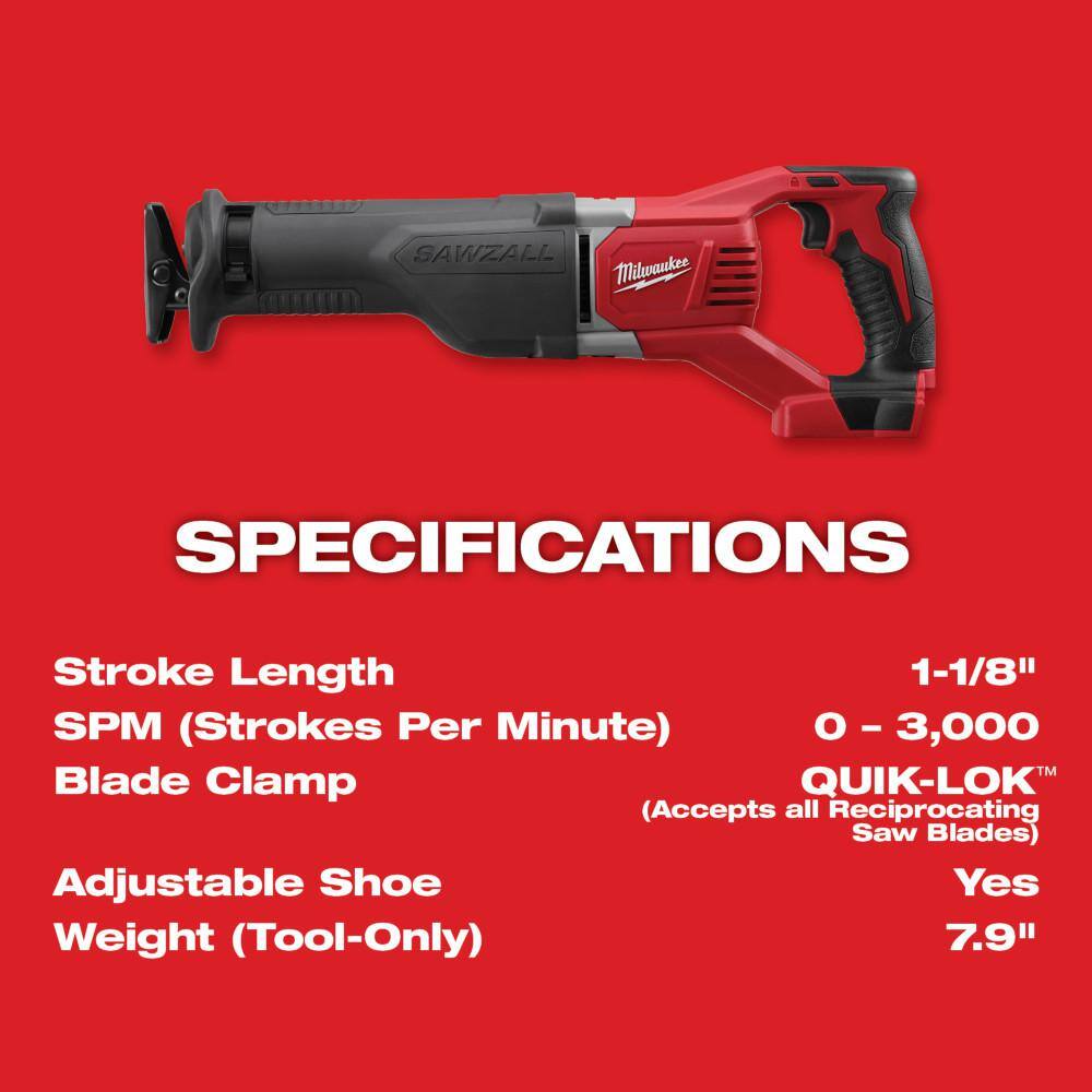 M18 18V Lithium-Ion Cordless SAWZALL Reciprocating Saw with (1) 5.0 Ah and (1) 2.0 Ah Battery and Charger