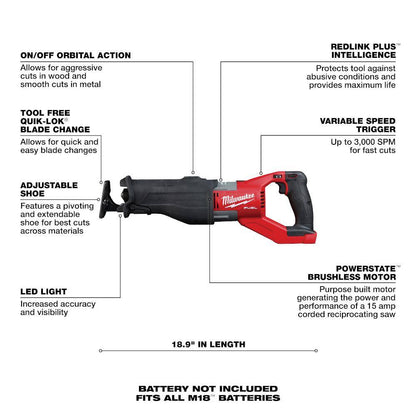 M18 FUEL 18V Lithium-Ion Brushless Cordless Super SAWZALL Orbital Reciprocating Saw (Tool-Only)