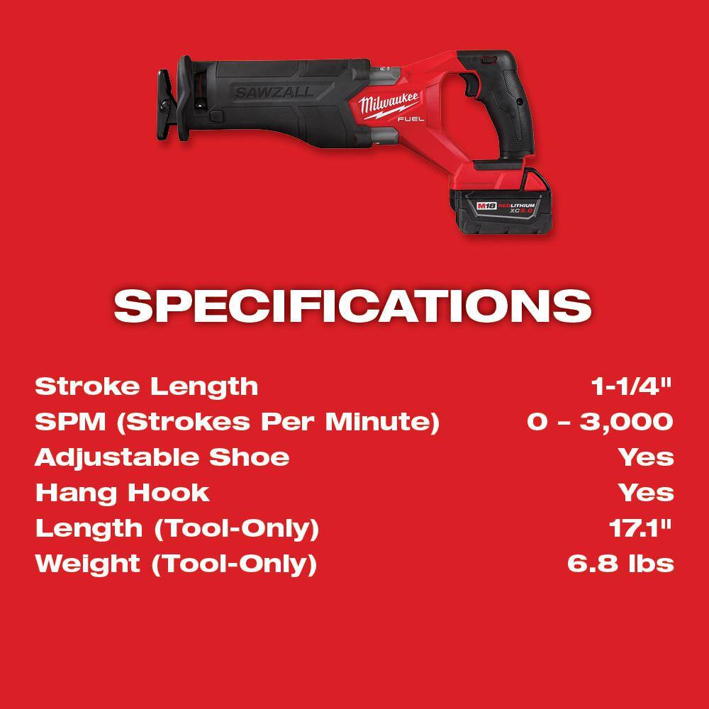 M18 FUEL 18V Lithium-Ion Brushless Cordless SAWZALL Reciprocating Saw Kit W/one 5.0 Ah Batteries, Charger and Case