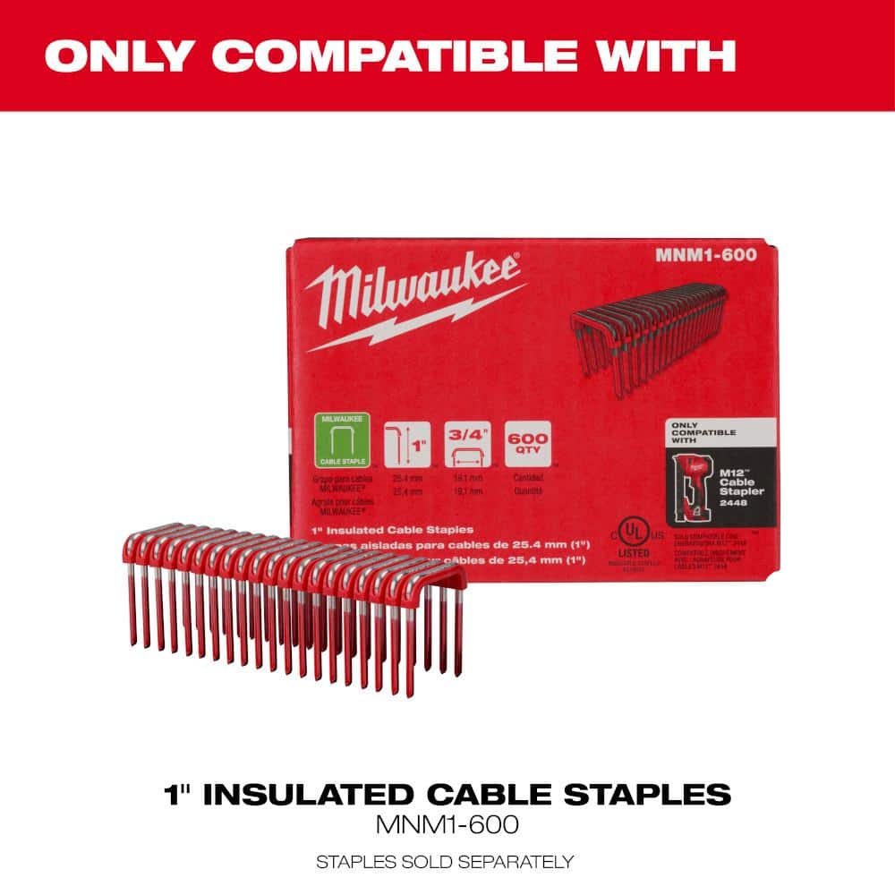 M12 12 Volt Lithium Ion Cordless Cable Stapler w/1 in. Insulated Cable Staples 600 Per Box (2-Pack)
